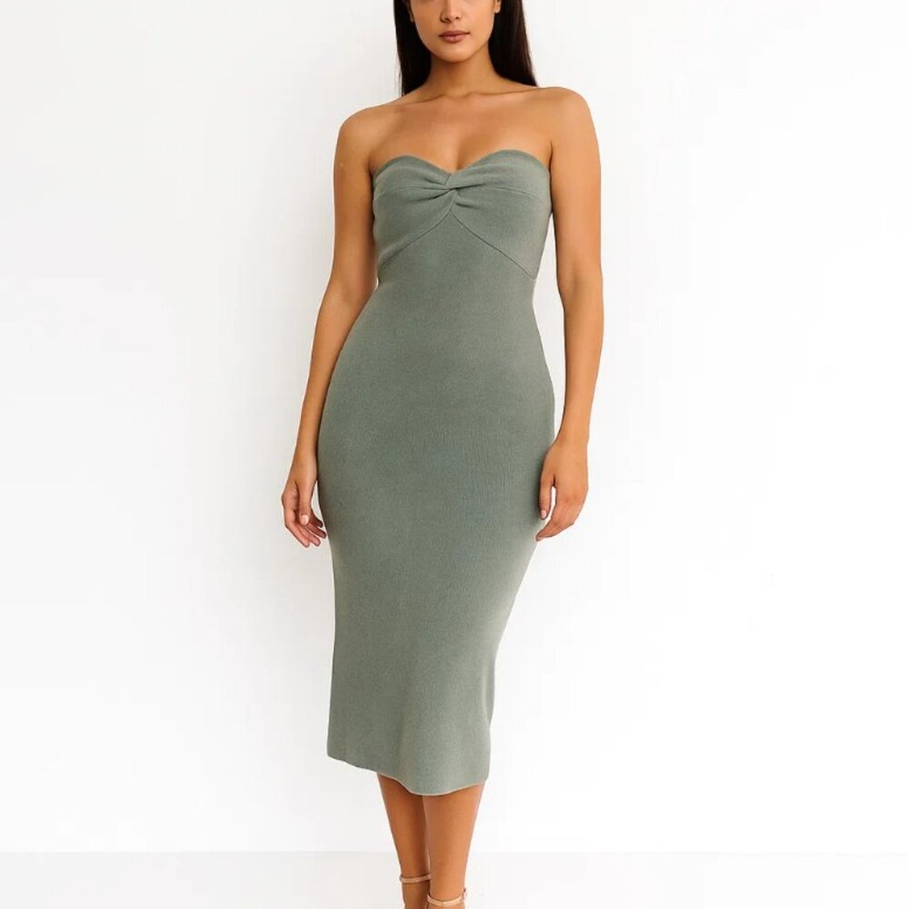 Bar III Women's Size Medium Strapless Twist-Detail Green Midi Sweater Dress NWT